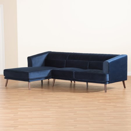 Baxton Studio Morton Mid-Century Navy Blue Velvet and Dark Brown Wood Sectional Sofa with Left Facing Chaise 183-11701-Zoro
